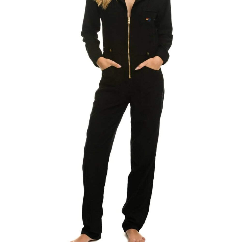 Aviation Black Utility Zip-Front Jumpsuit Gold Hardware XS - Picture 5 of 8